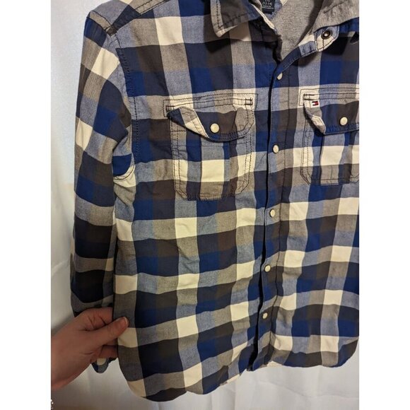 tommy hilfiger Boys Shacket Size Large (12-14) Blue Plaid Hooded Pearl Snaps - Picture 5 of 13